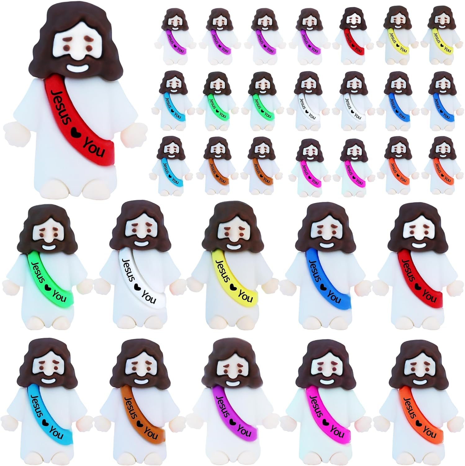 ILHSTY mini rubber Jesus figures 32 pieces bulk pack front view showcasing colorful sashes