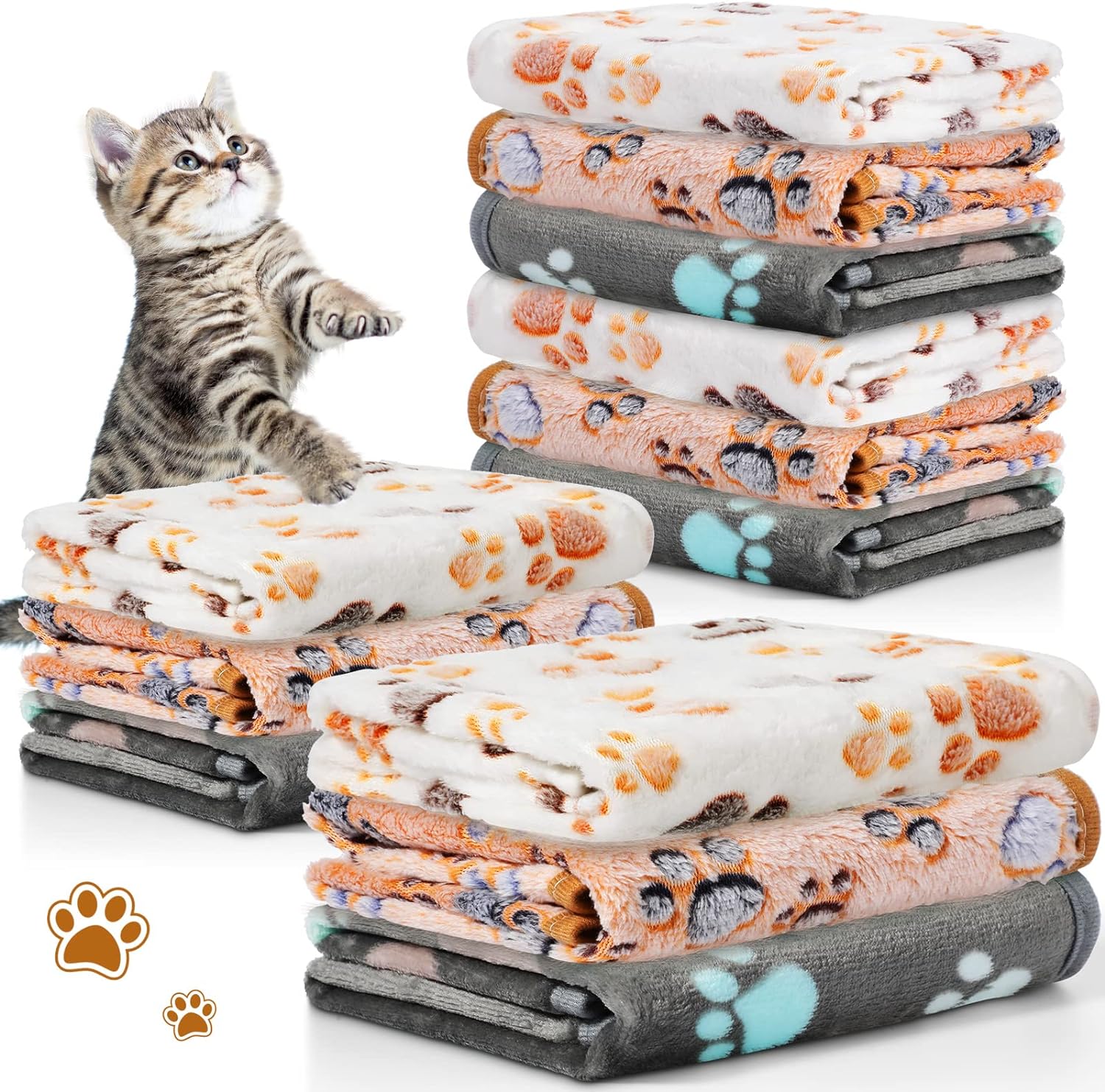 Twelve pieces of gray fleece pet blankets spread out showing dimensions