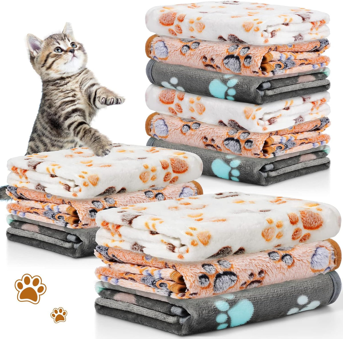 Twelve pieces of gray fleece pet blankets spread out showing dimensions