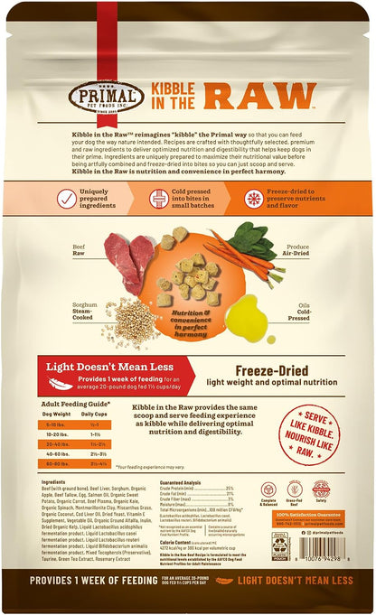 Premium imported USA Primal freeze dried beef dog food bag stored securely on a clean surface.