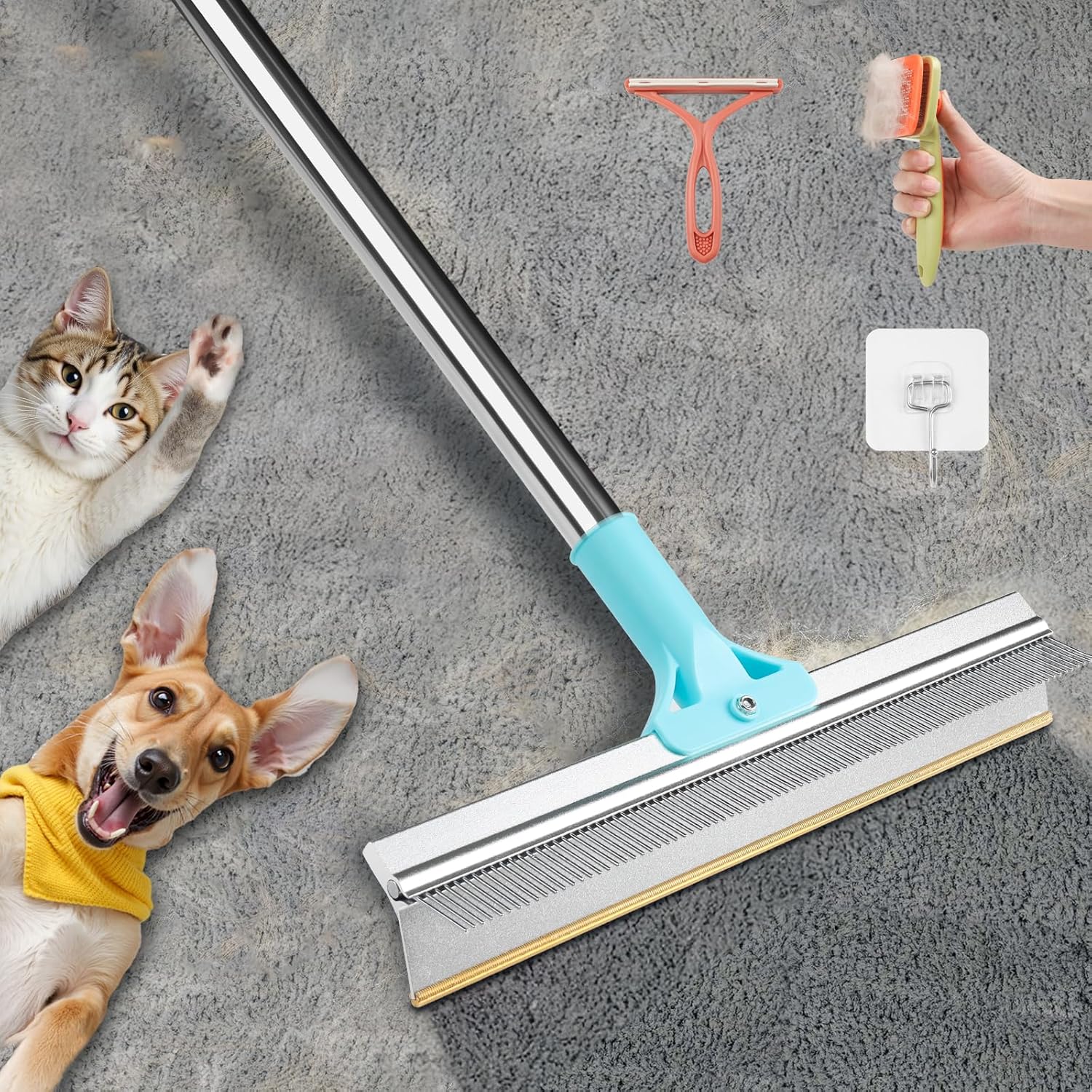 Fitrobust 2 in 1 carpet rake for pet hair removal front view