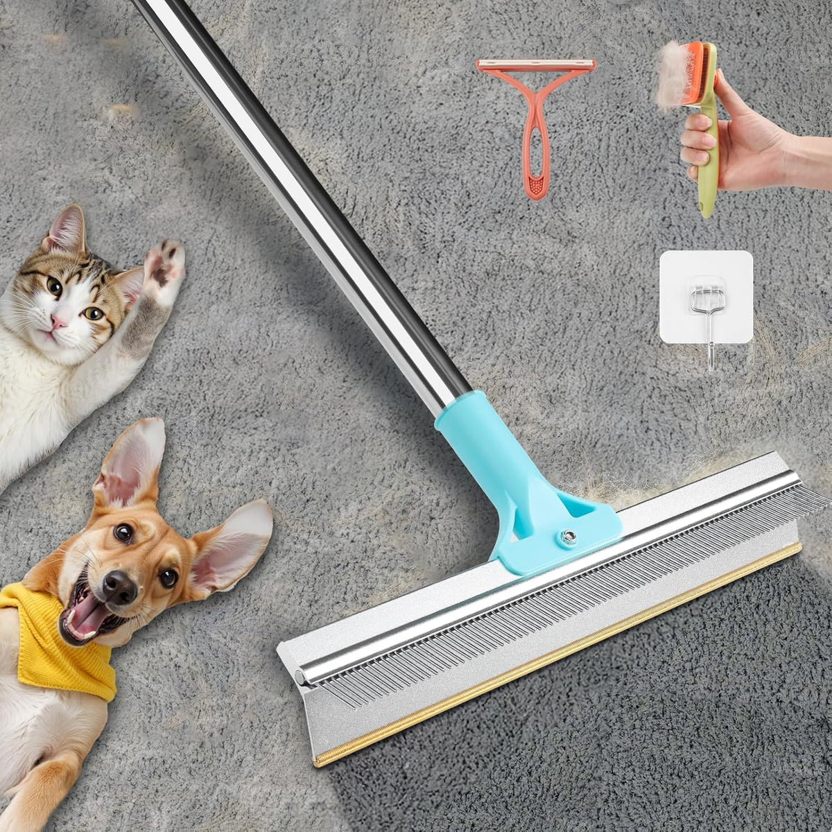 Fitrobust 2 in 1 carpet rake for pet hair removal front view