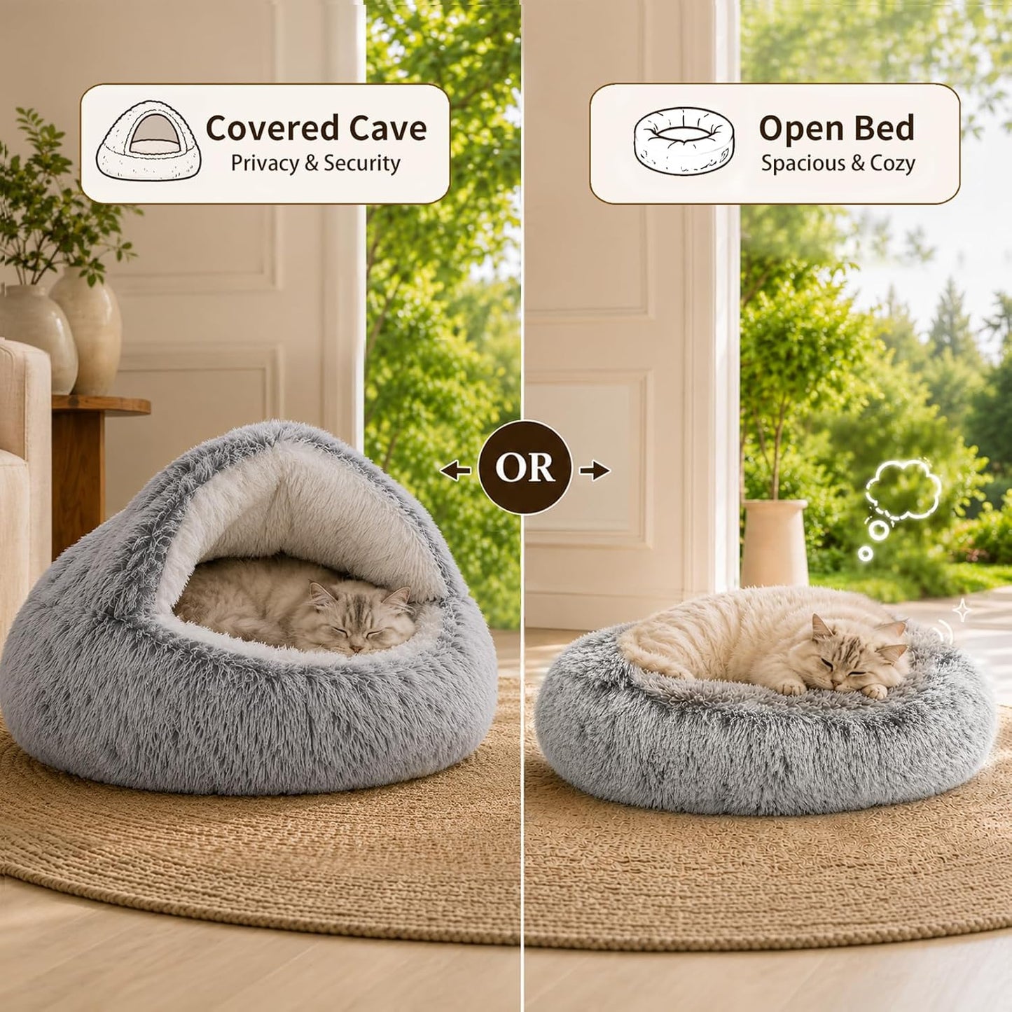 Close up of soft synthetic fur material on grey pet bed
