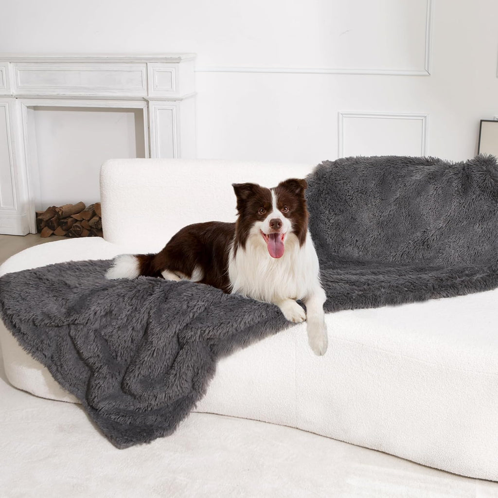 Gogobunny waterproof dog blanket front view layout in grey showing plush faux fur texture.