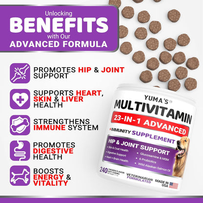 Back label of Yuma's canine vitamins outlining glucosamine dosage and probiotic ingredients list.