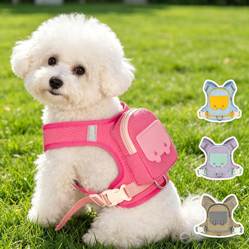 Detailed view of waterproof material and storage zipper on pet harness