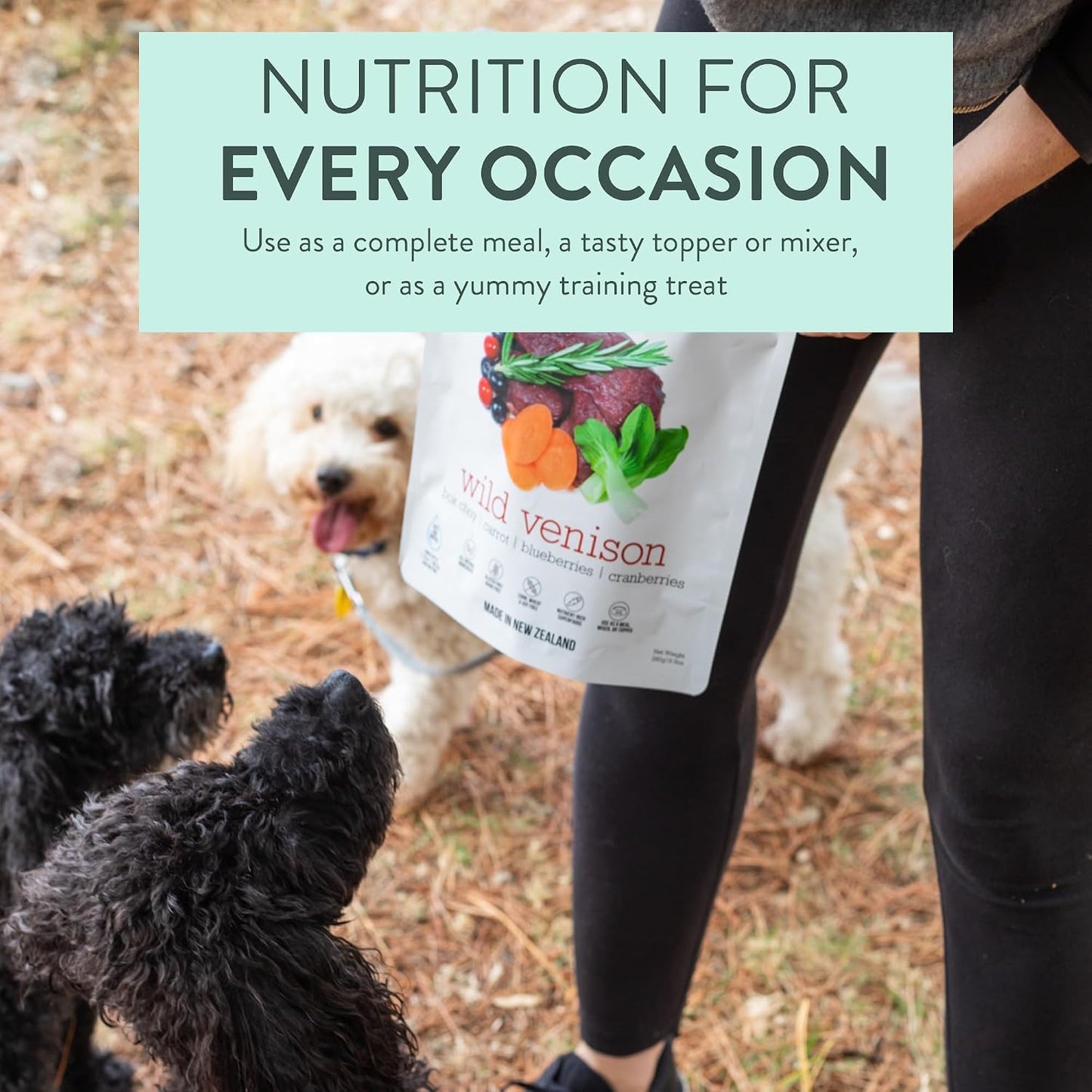 Back label of Woof Wild Venison dog food packaging displaying full ingredient list and nutritional analysis.