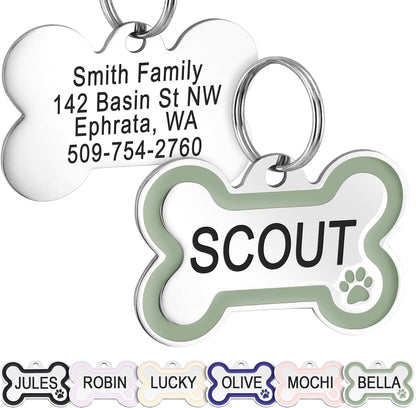 GoTags stainless steel pet ID bone tag sage regular front view showing enamel paw design