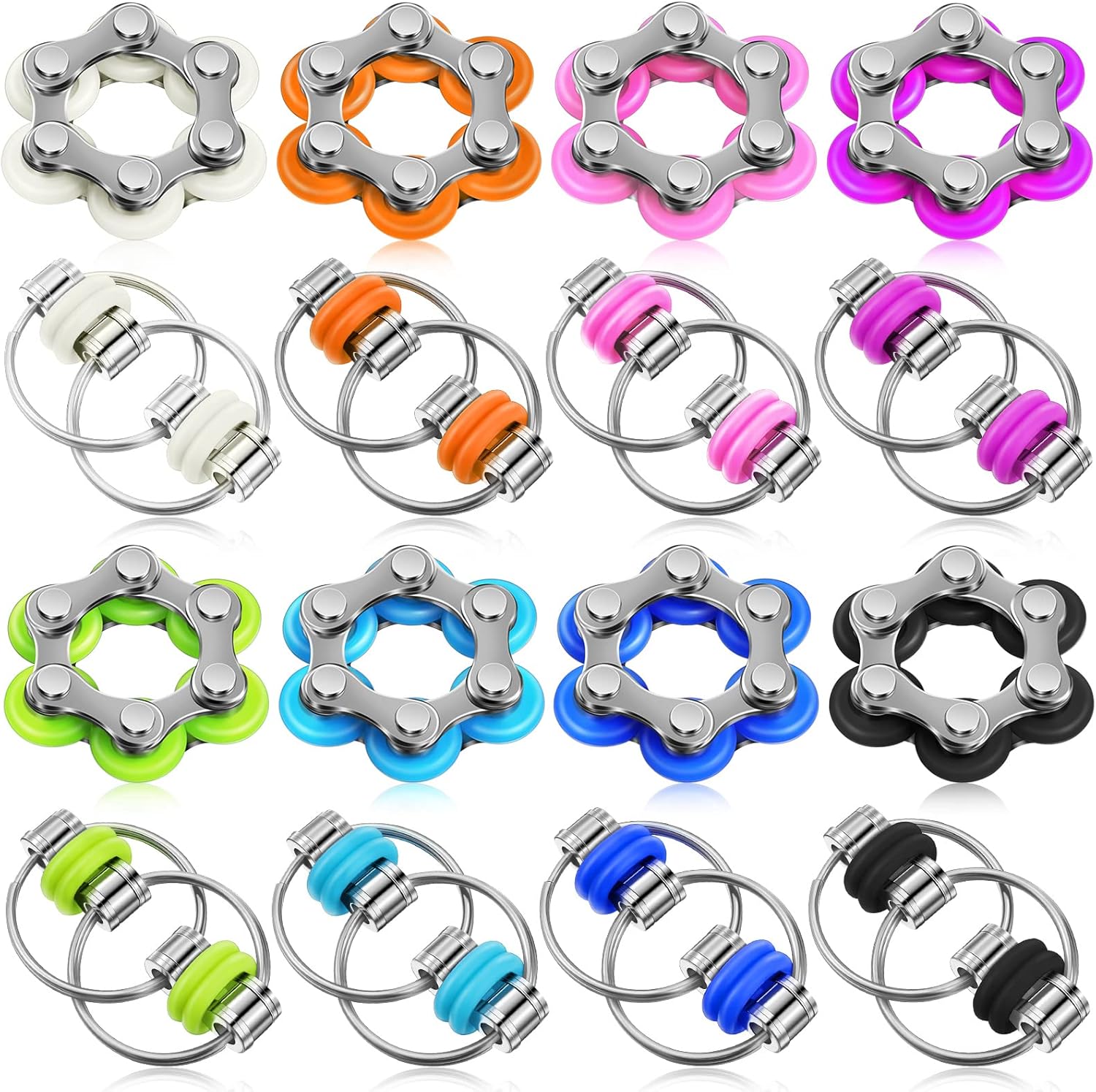 Chengu 16 piece fidget toys set showing colorful six roller bike chains and key flippy chains arranged on a white background