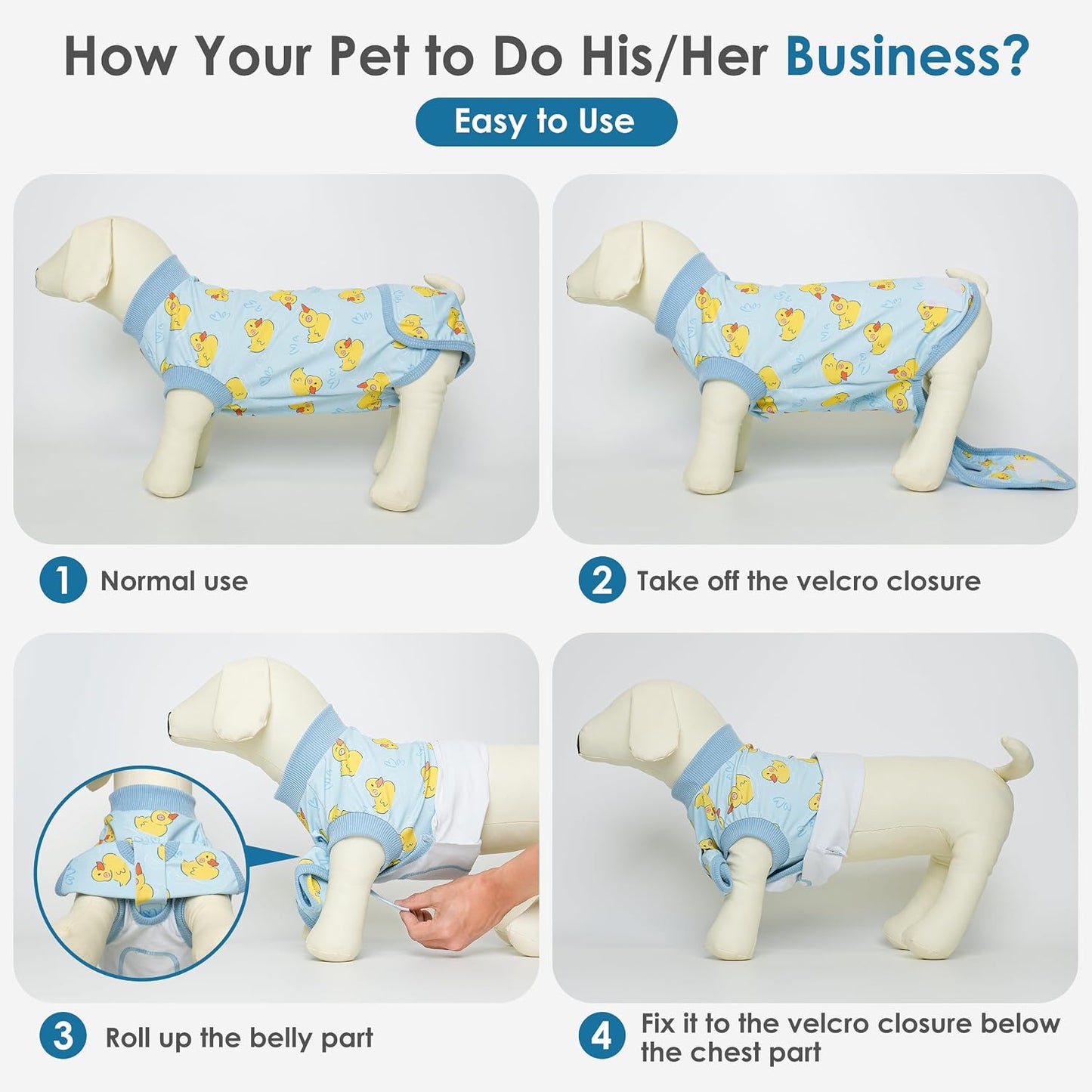 Cyeollo imported dog recovery suit laid flat demonstrating the cartoon duck print design structure