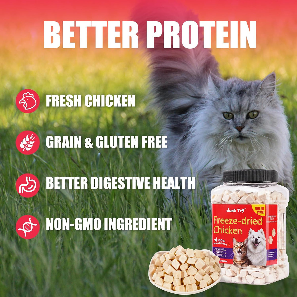 Back label of Just Try seven point zero five ounce pet treats value pack