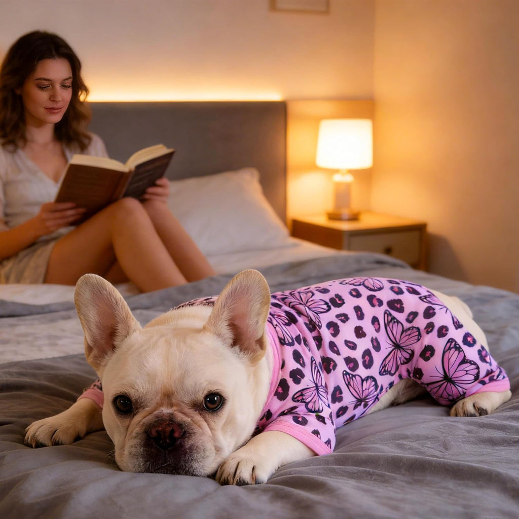 Tochibabe lightweight puppy jammies pink leopard print back view look