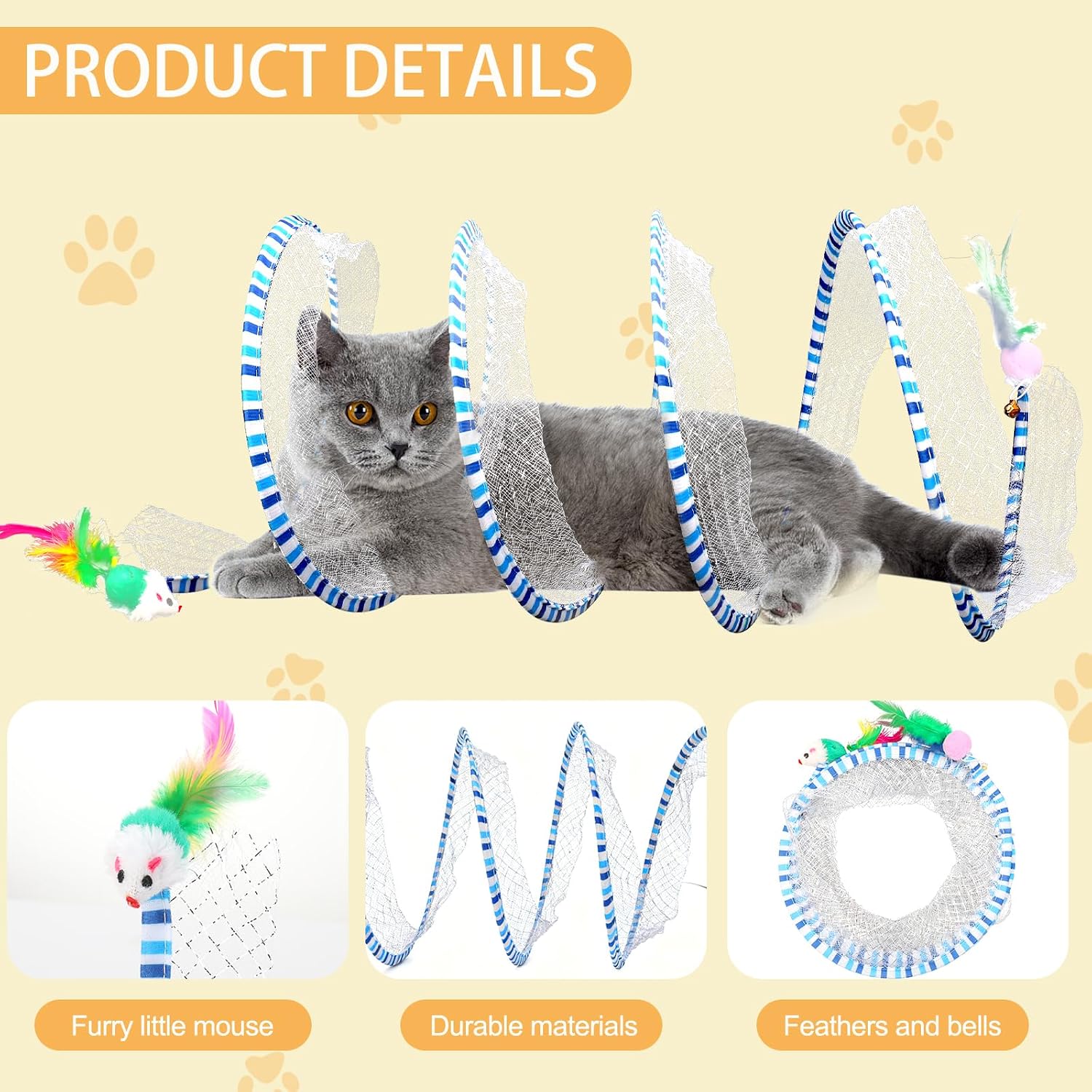 Interactive cat tunnel bed featuring hanging feather and bell toys on the ends