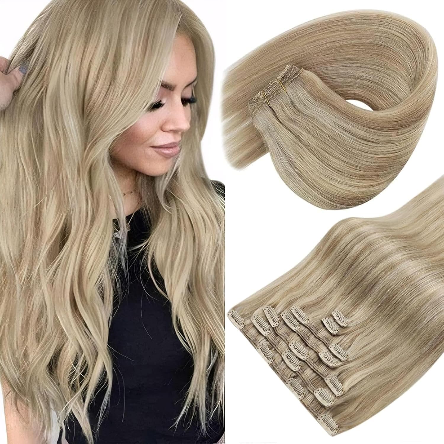 Sunny Hair clip in hair extensions front view showing blonde highlights
