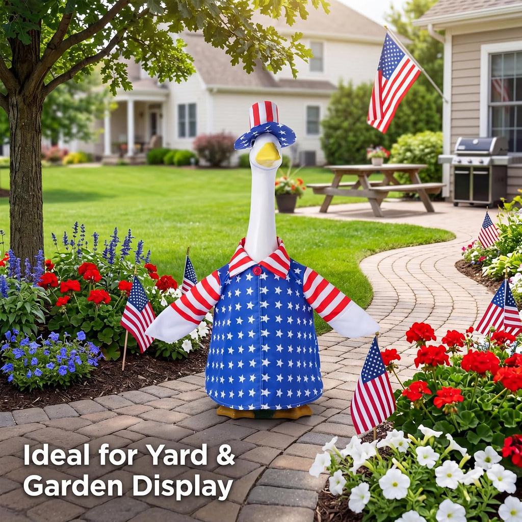 Farmhouse garden goose statue dressed in patriotic Americana apparel collection