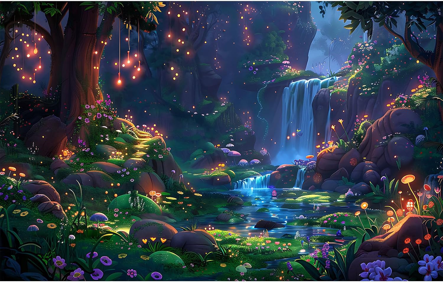 Riivvdise Waterfall Jungle Aquarium Background front view of fantasy magic forest landscape