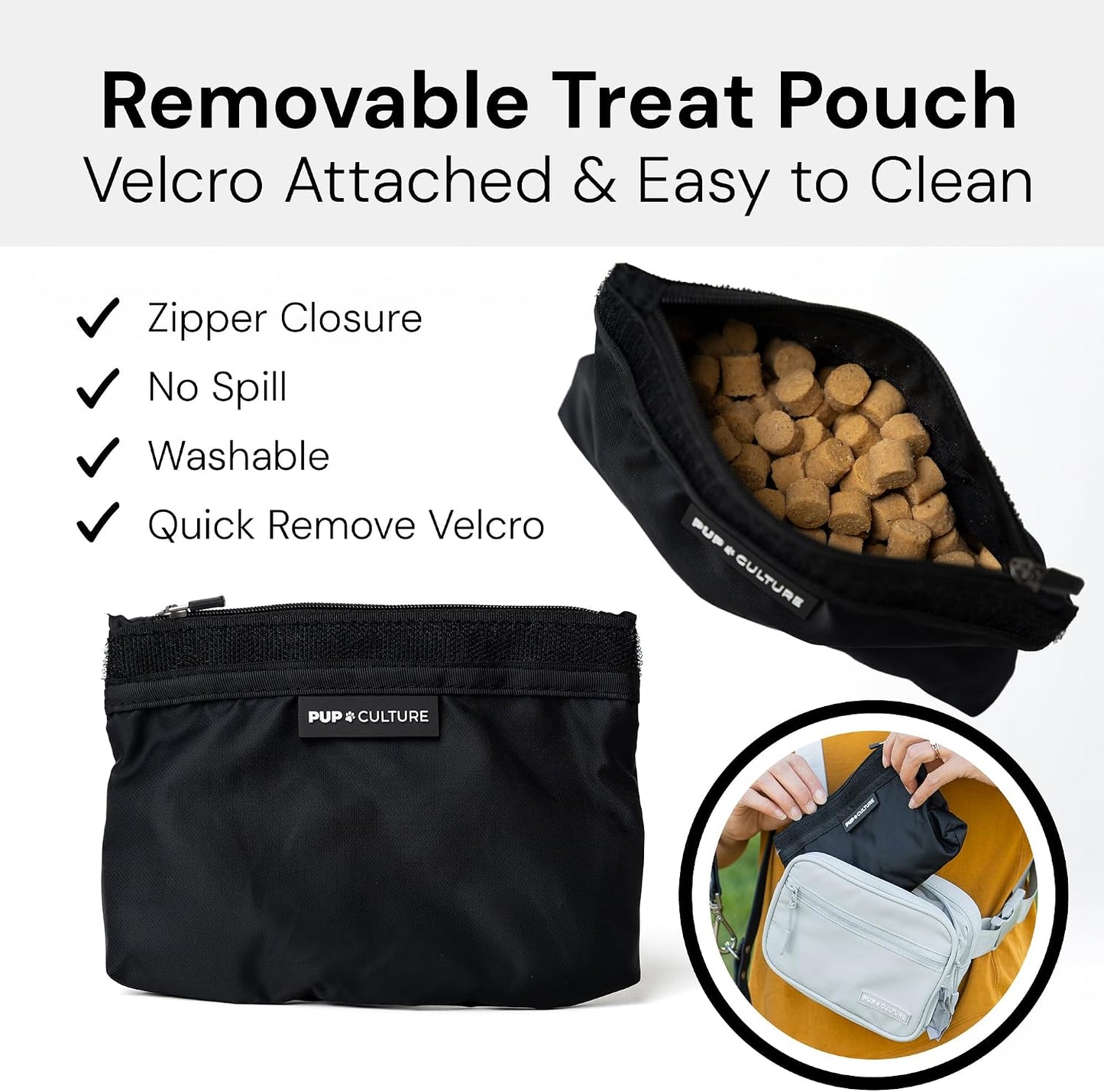 Pup Culture pet training accessory highlighting the removable and washable inner treat liner bag