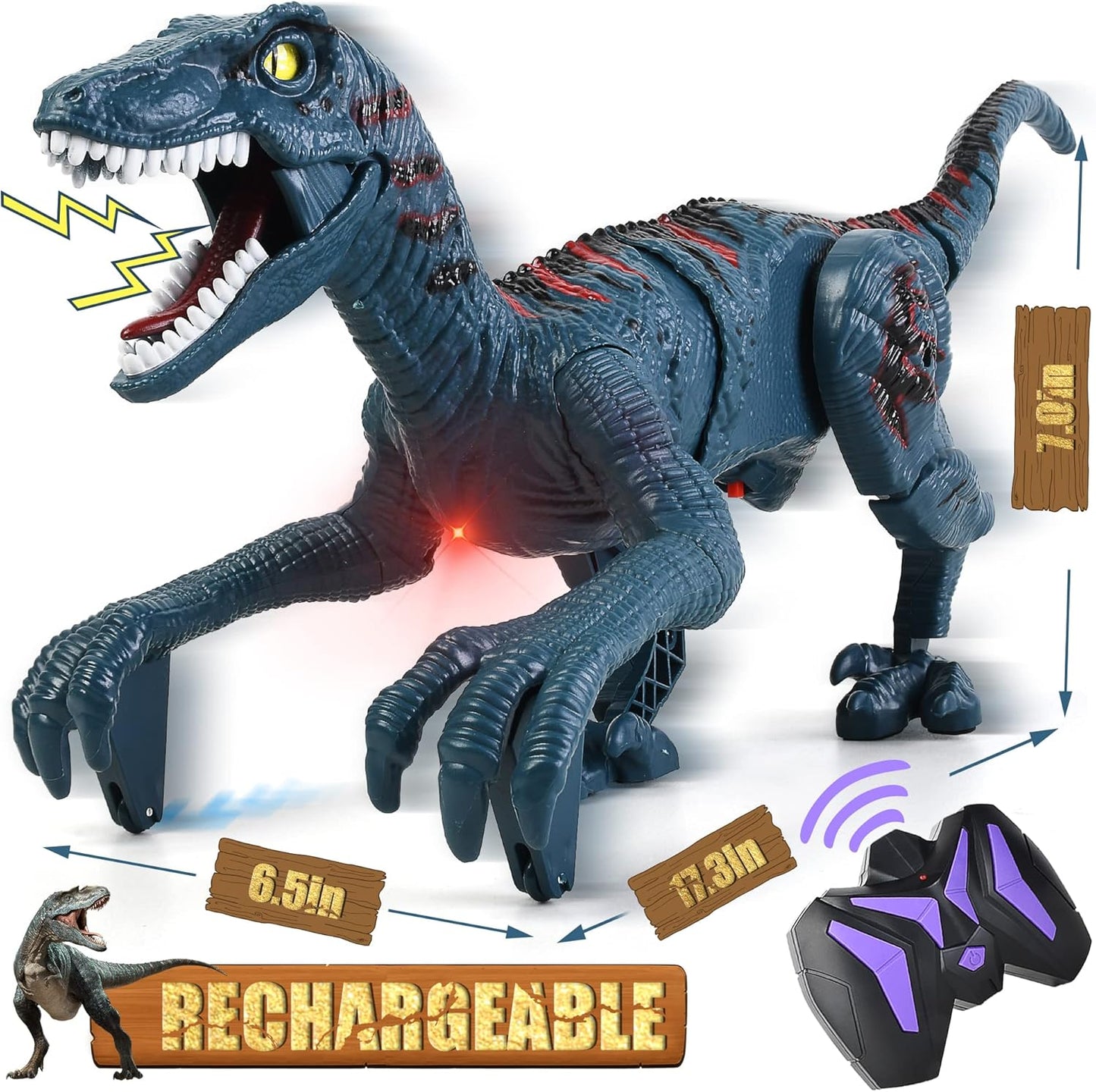 DibyAgl large remote control dinosaur toy front view showcasing realistic blue and purple skin textures.