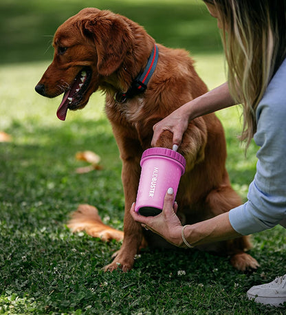 Dexas MudBuster fuchsia paw cleaning tumbler being used to clean a medium dog paw