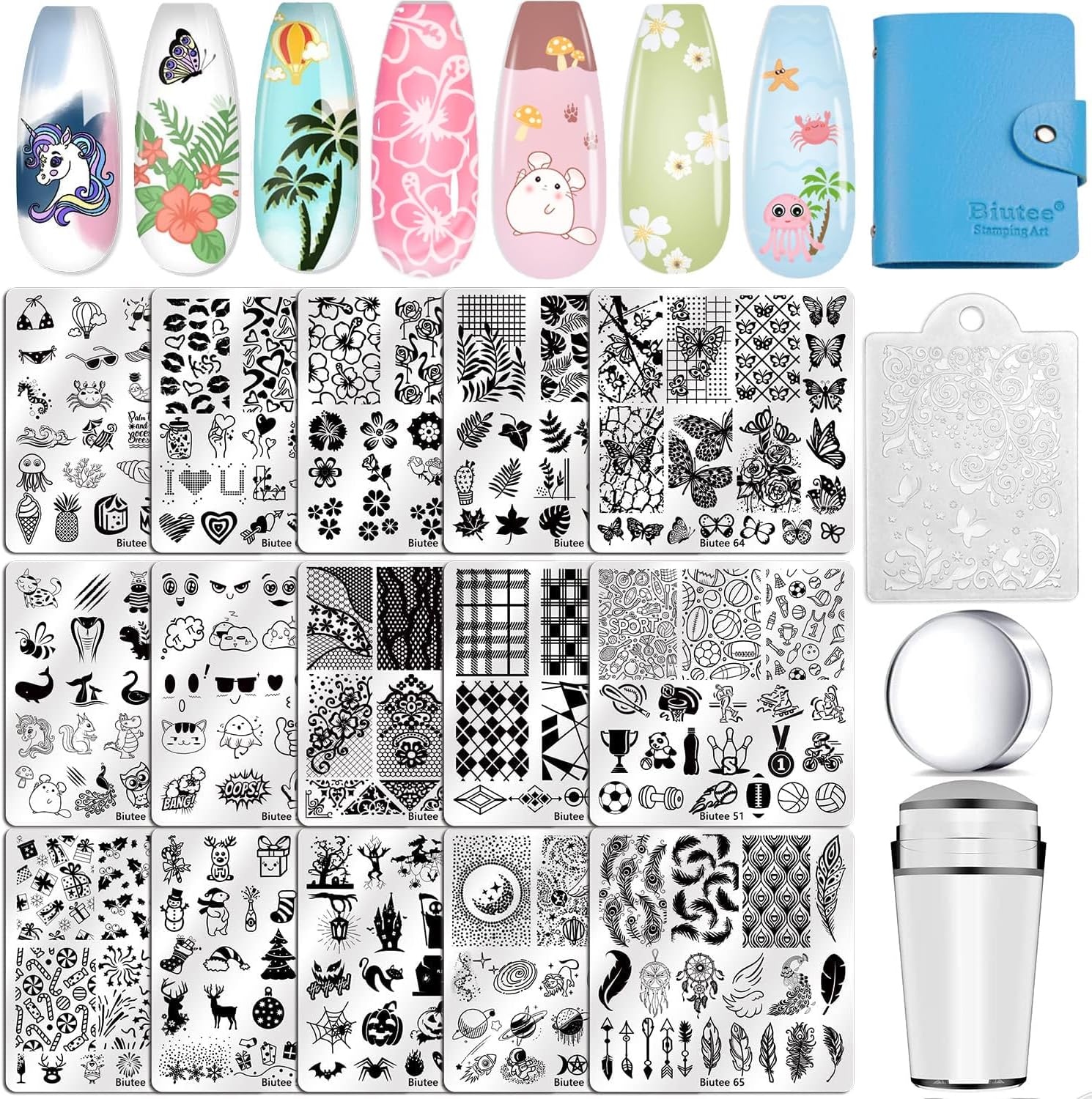 Biutee Nail Stamping Plates Kit front view showcasing fifteen stainless steel stencils and clear silicone stamper set