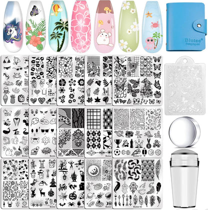Biutee Nail Stamping Plates Kit front view showcasing fifteen stainless steel stencils and clear silicone stamper set