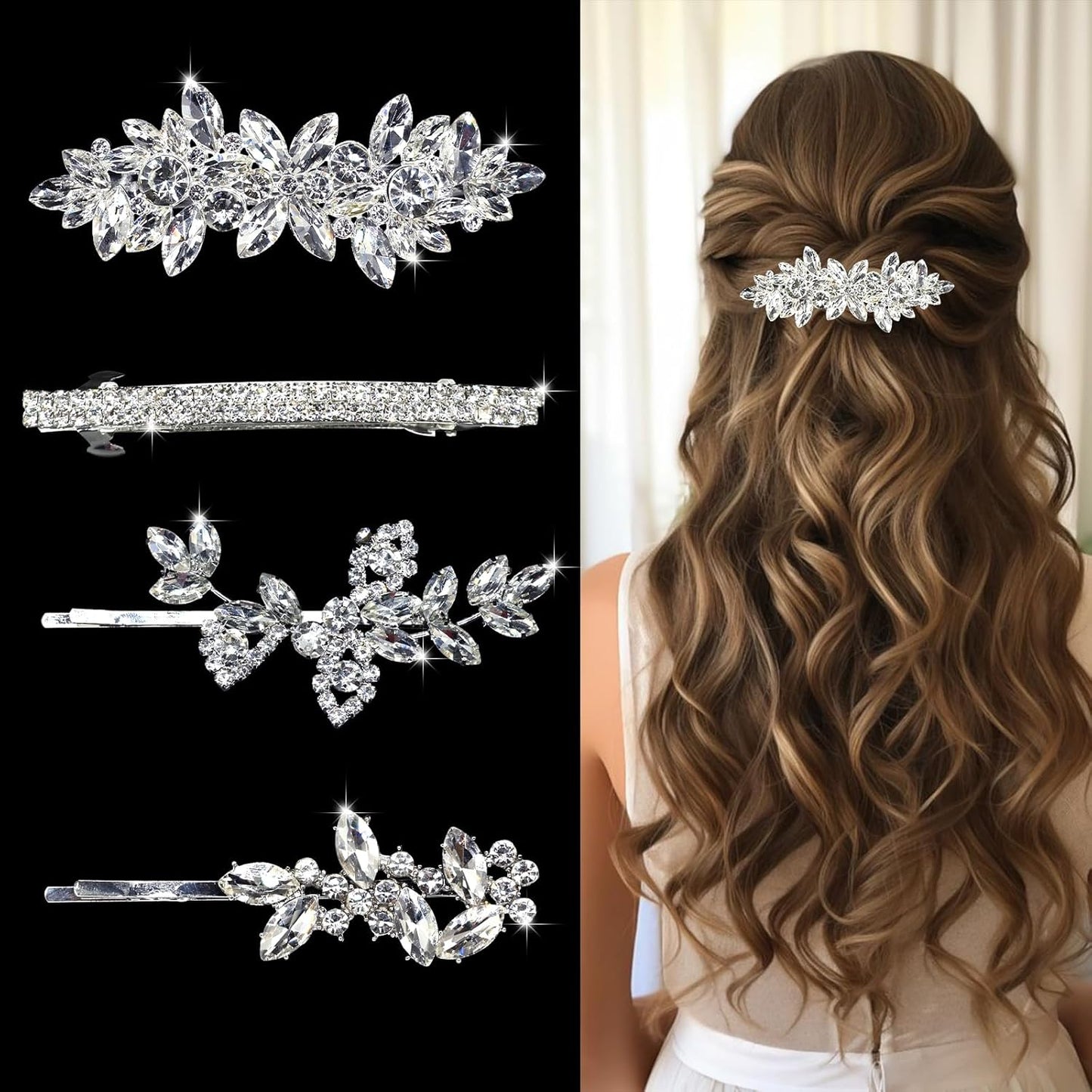 Mulzile rhinestone hair clips front view showing silver leaf and crystal bridal hair pins set.