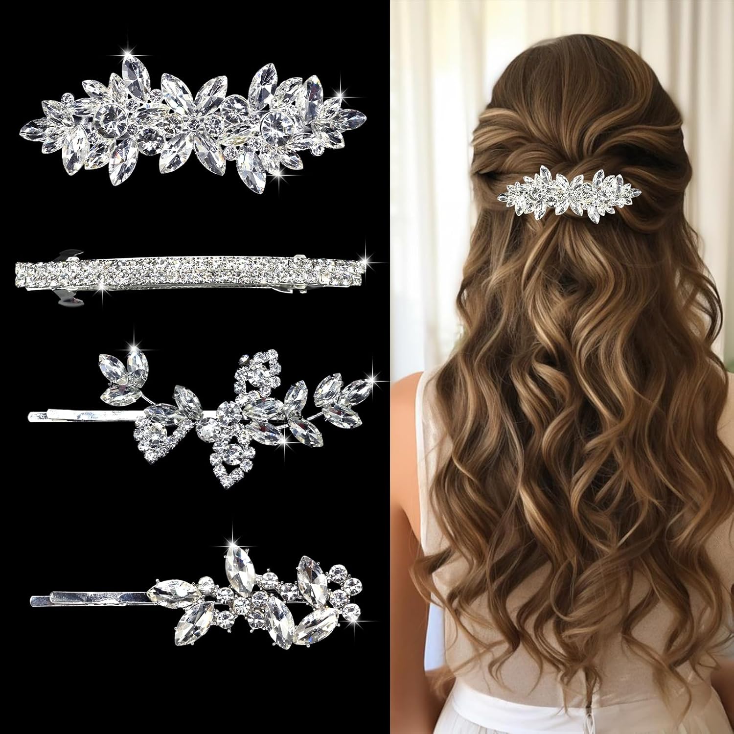 Mulzile rhinestone hair clips front view showing silver leaf and crystal bridal hair pins set.
