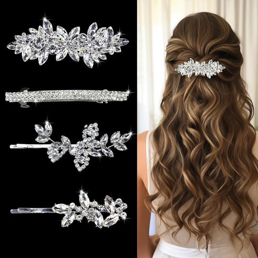 Mulzile rhinestone hair clips front view showing silver leaf and crystal bridal hair pins set.