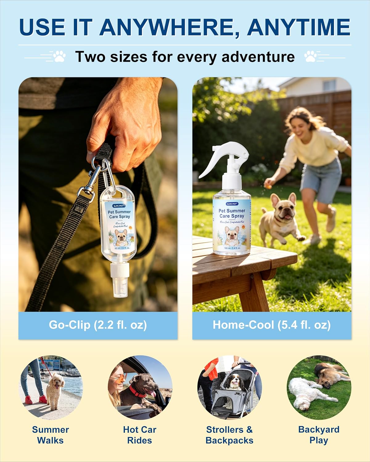 GJYC PET cooling mist for senior dogs showing the compact travel-friendly bottle design.