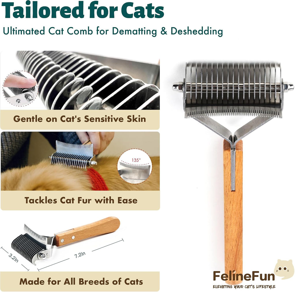 FelineFun professional shedding comb removing loose matted fur from a long haired cat