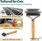 FelineFun professional shedding comb removing loose matted fur from a long haired cat