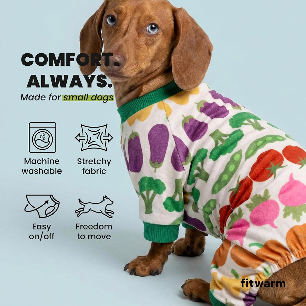 Fitwarm cozy pet onesie with feet laid flat to show the full-body design.