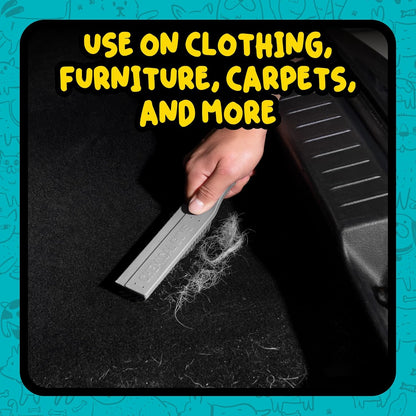 Chemical Guys detailing brush lifting embedded dog hair from a car carpet fabric.