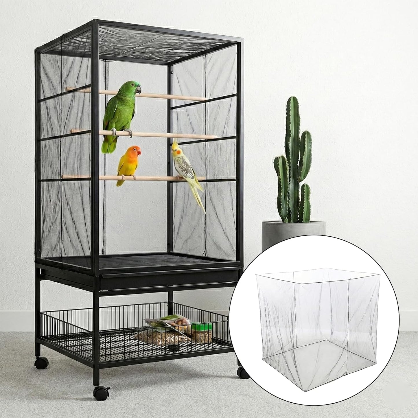 Side profile of a large multi tier macaw cage wrapped with the black nylon mesh catcher skirt