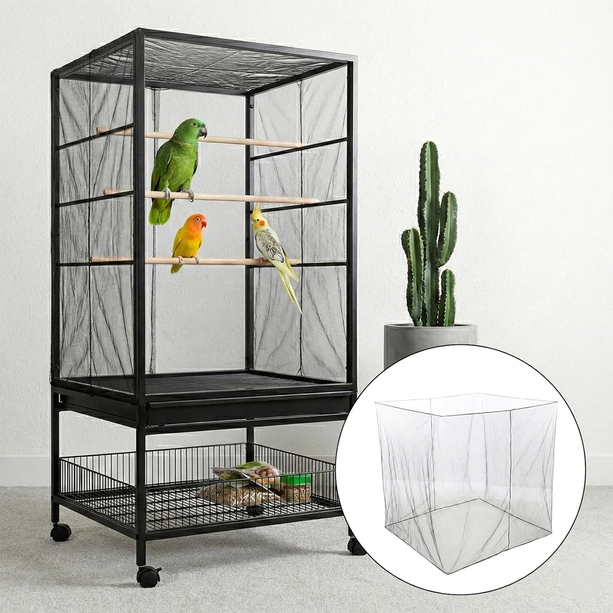 Side angle view of Trinkrittey seed catcher fitted on a parrot enclosure
