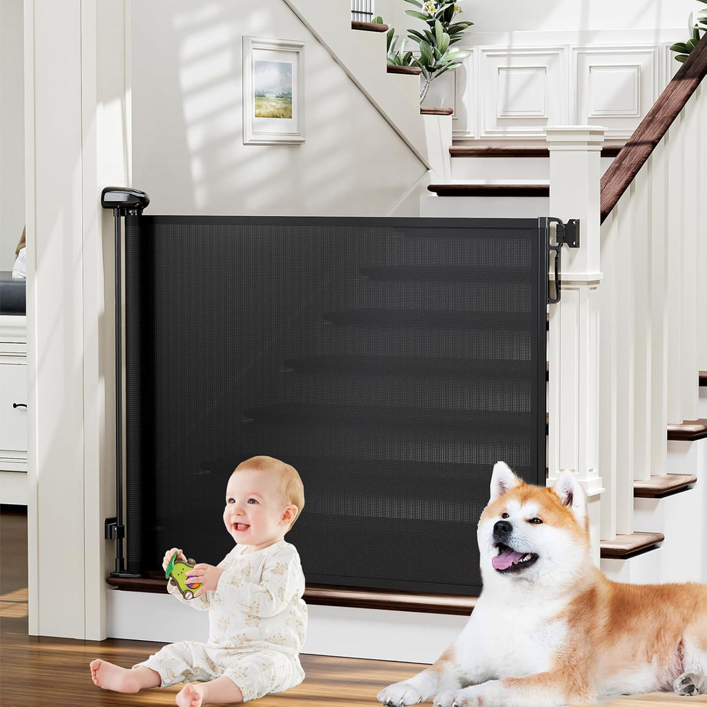 PRObebi Retractable Baby Gate front view installed in a modern doorway hallway barrier