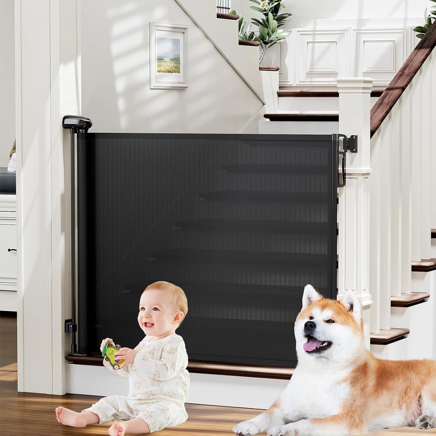 PRObebi Retractable Baby Gate front view installed in a modern doorway hallway barrier