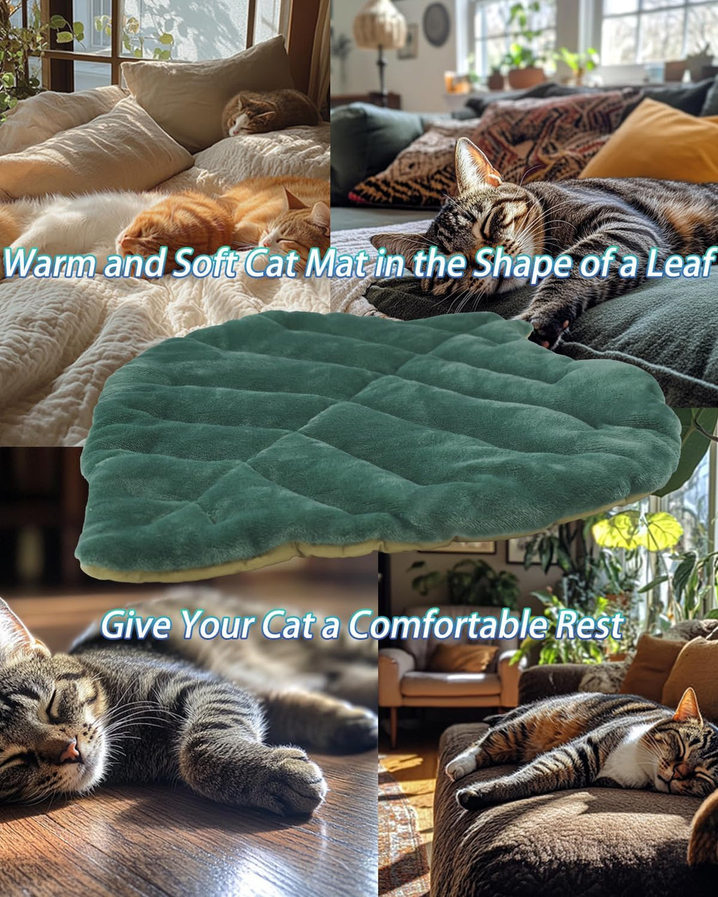 Cat Mat Self Warming Cat Bed 26"x20" Leaf Shaped Cotton Soft Warm Pet Pad Blanket for Indoor Bed Couch Sofa Floors Cat and Dog (Green) - Image 9