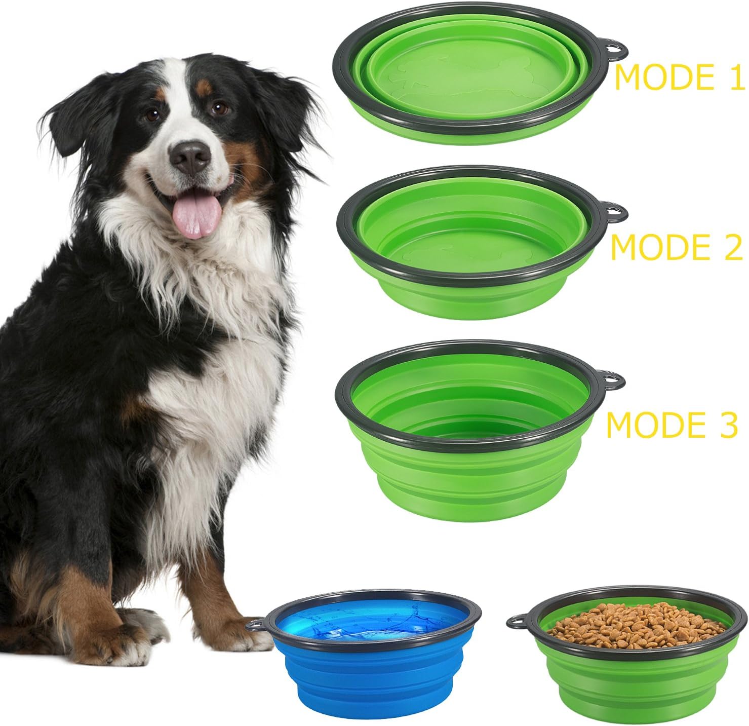 Comsun blue and green collapsible dog bowls with carabiner clips pack