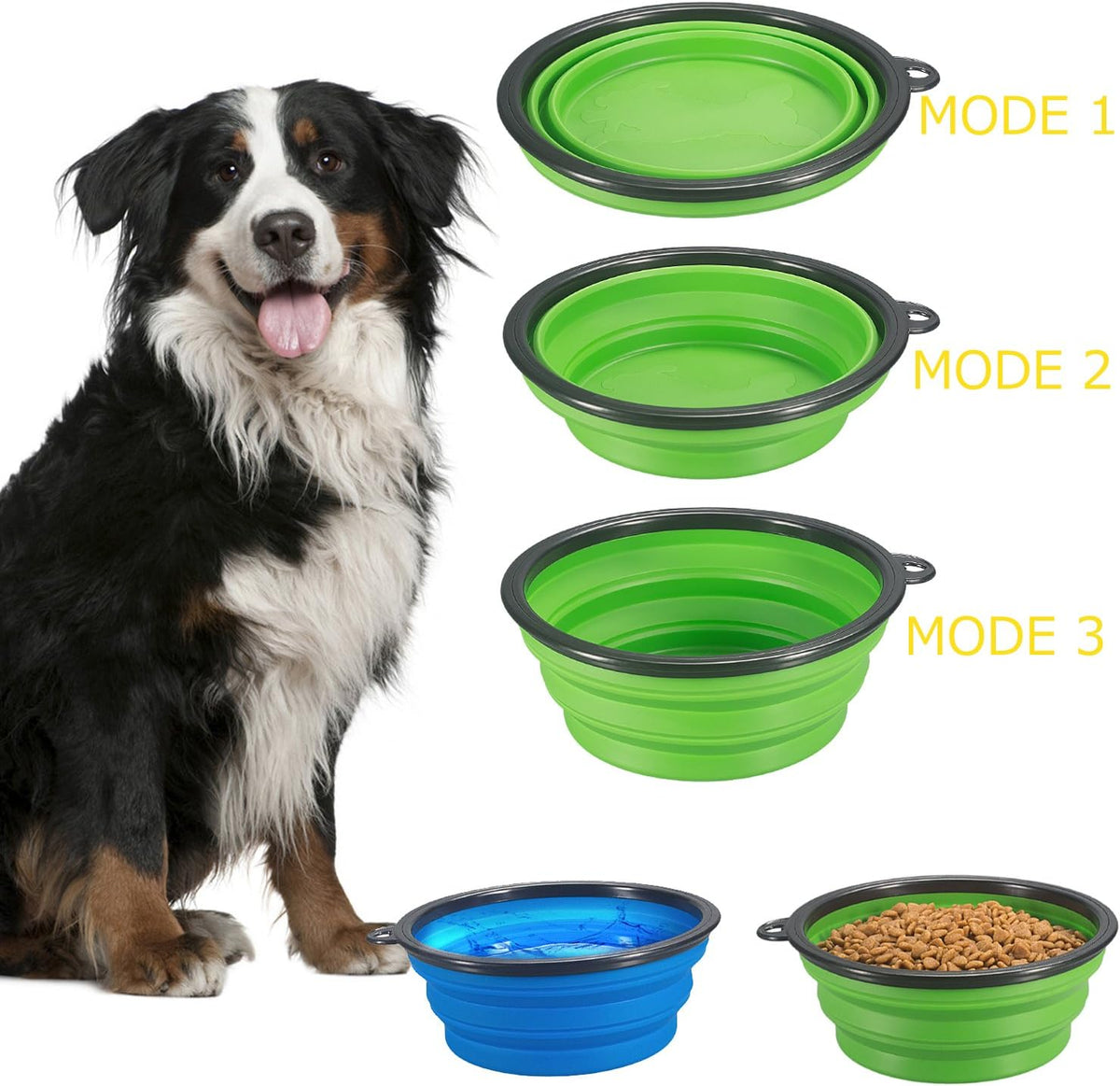 Comsun blue and green collapsible dog bowls with carabiner clips pack