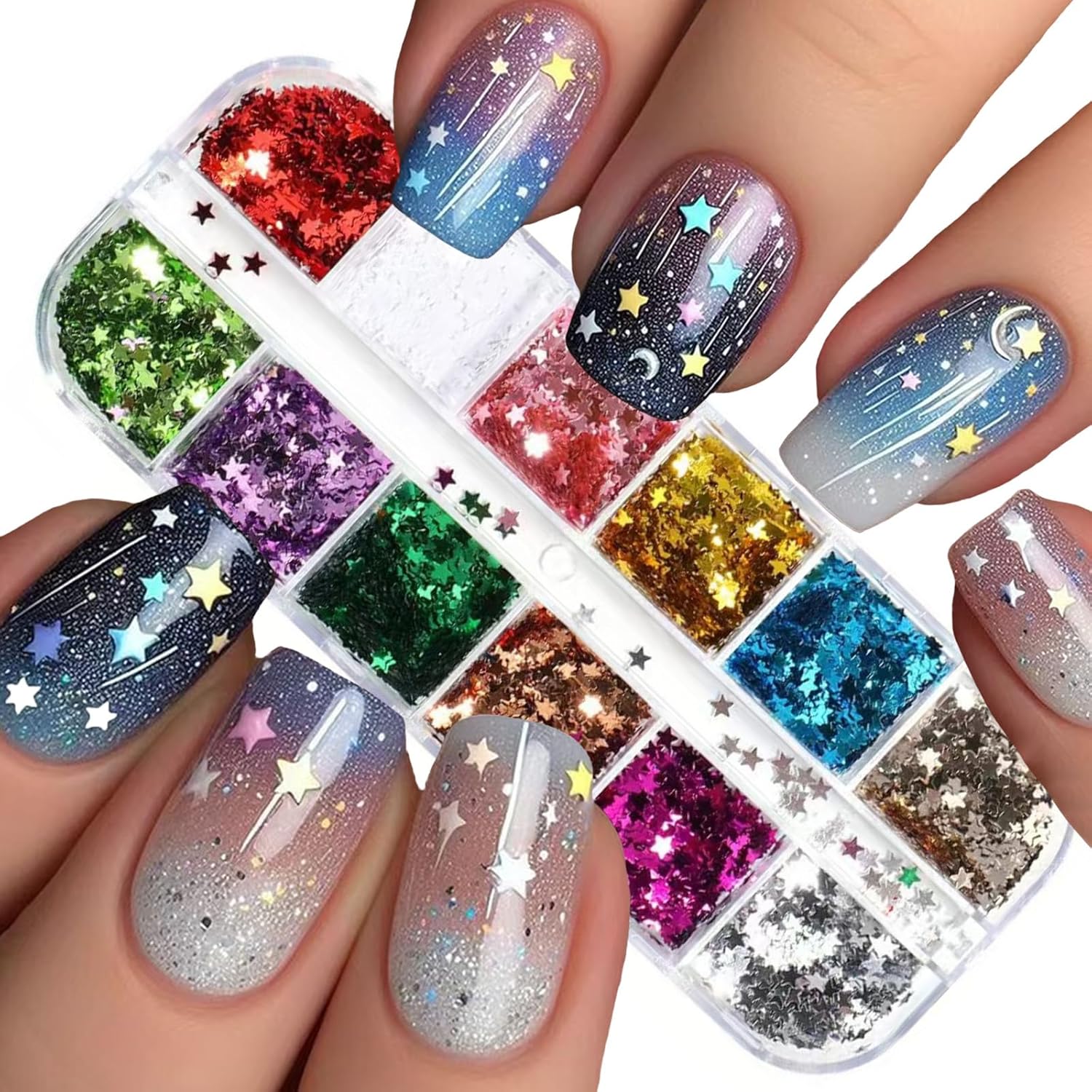 TBRZTR 12 colors 3D holographic star nail glitter set front view
