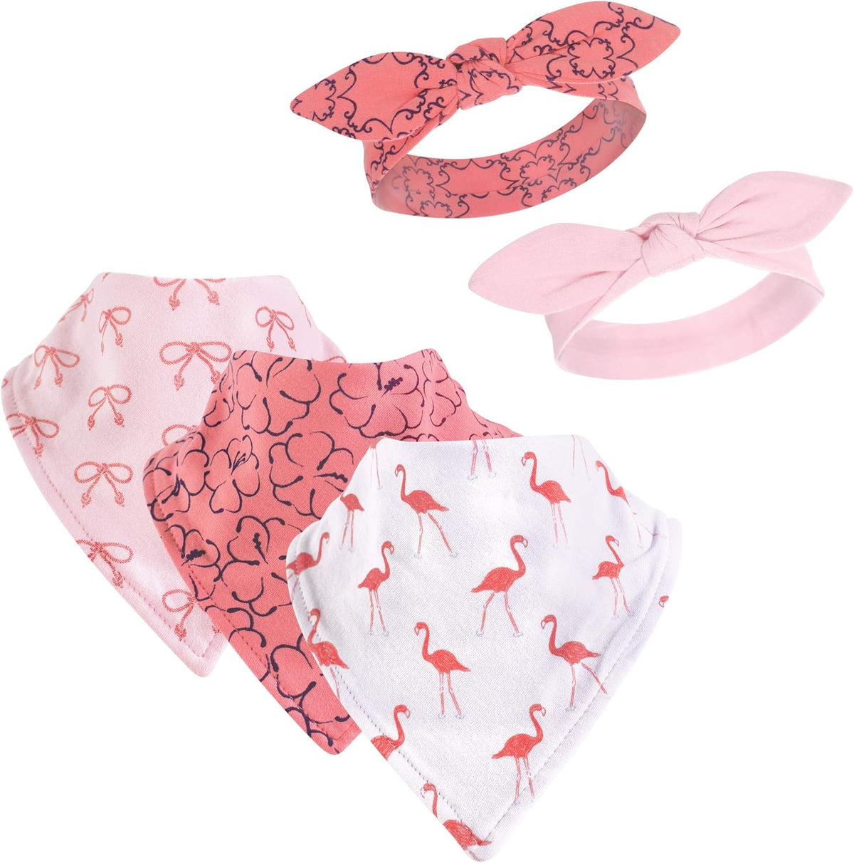 Yoga Sprout 5 piece flamingo bandana bib and headband set front view