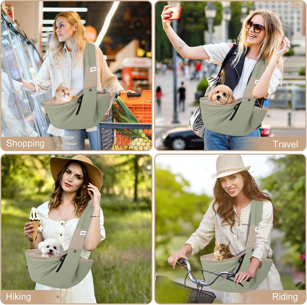 Small dog resting inside HÃ¶nPom olive green sling carrier