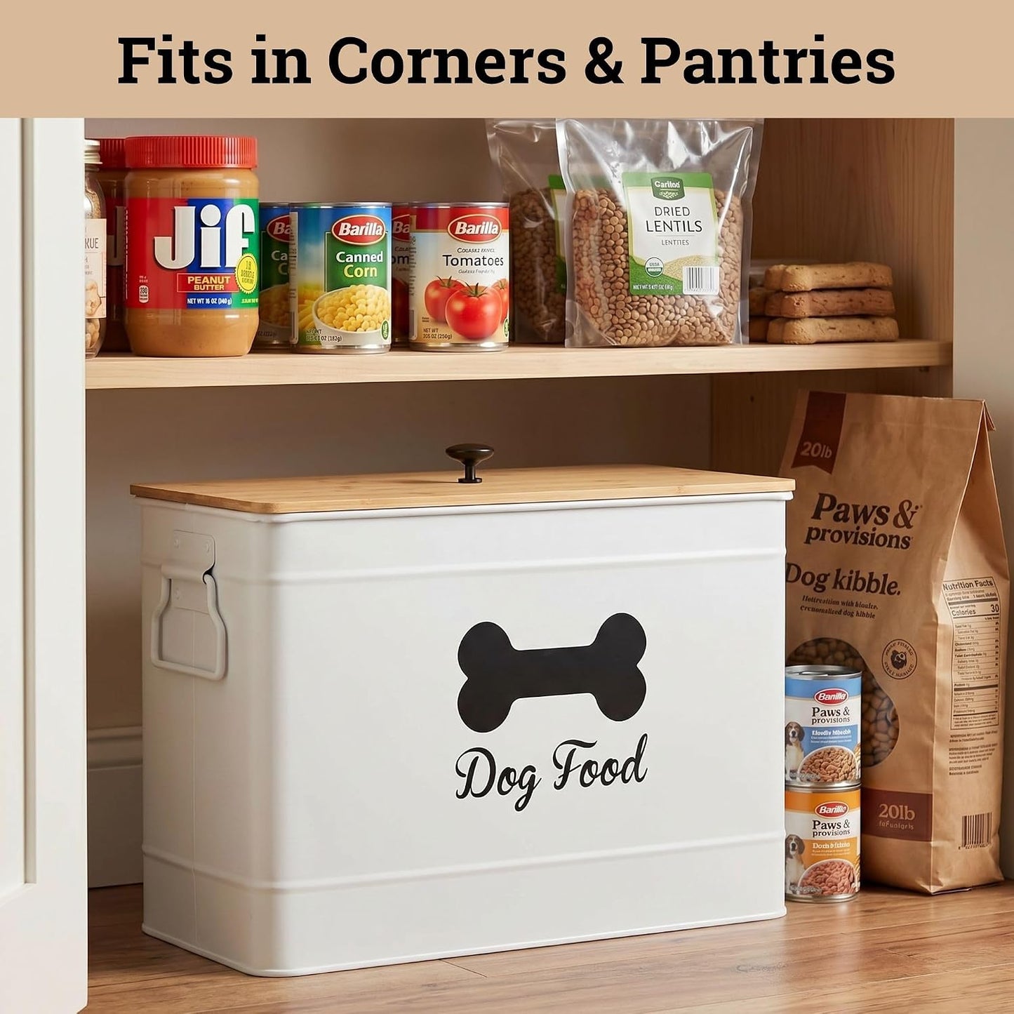 Dog Food Container Airtight 15-20 lb (70 Cup) Capacity with Metal Scoop - Cute Airtight Dog Food Storage Container with Bamboo Lid - White Metal Kibble Storage Bin for Dogs up to 100 lbs - Big Pet Jar - Image 7
