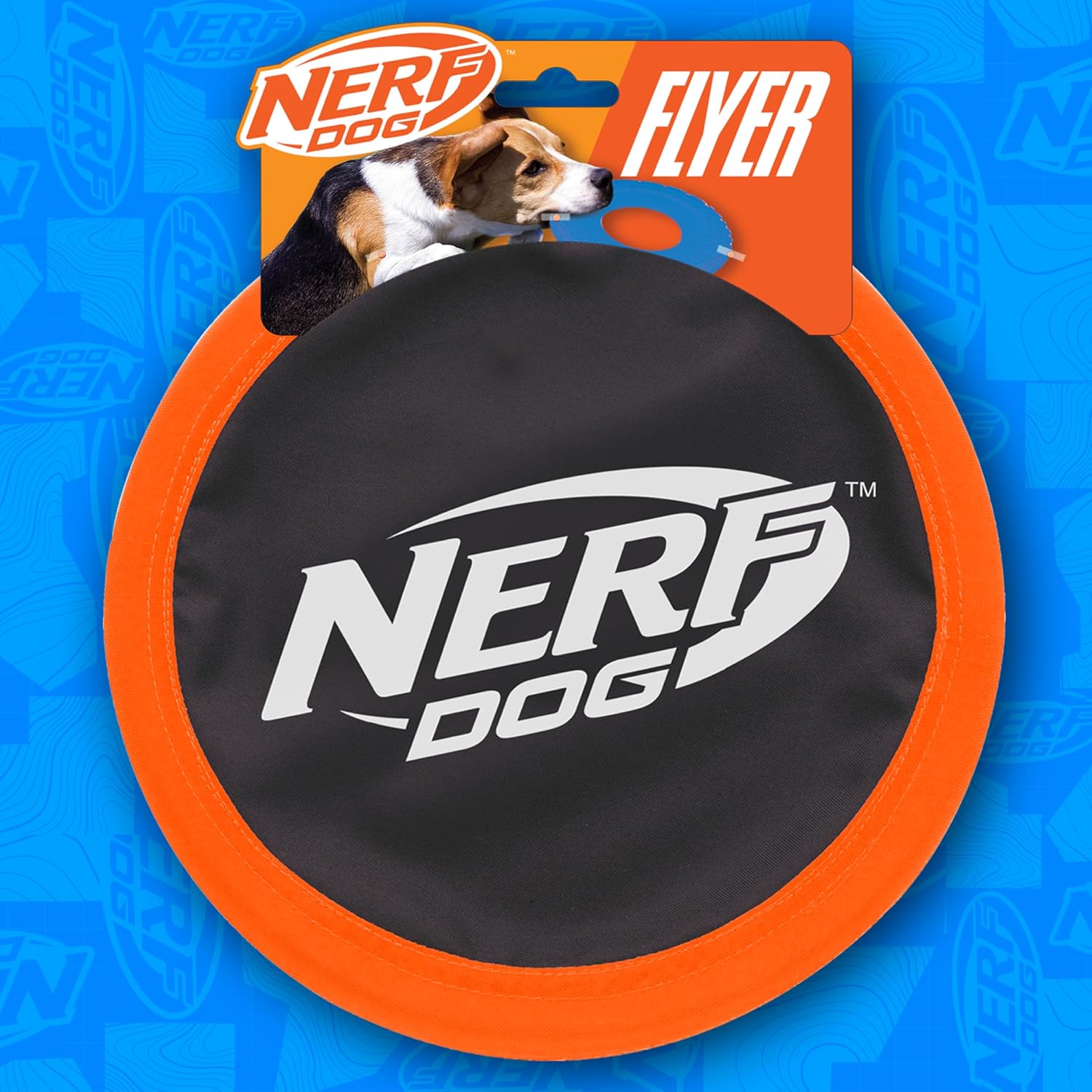 Close up of Nerf Dog branding on the durable flying disc.