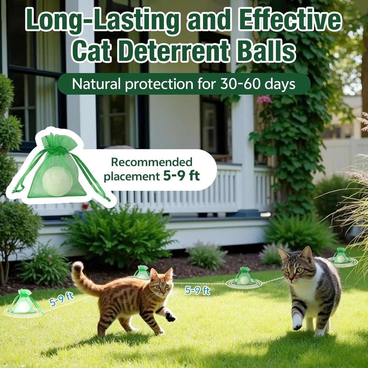 Natural plant based cat deterrent balls placed inside a mesh hanging bag near a garden