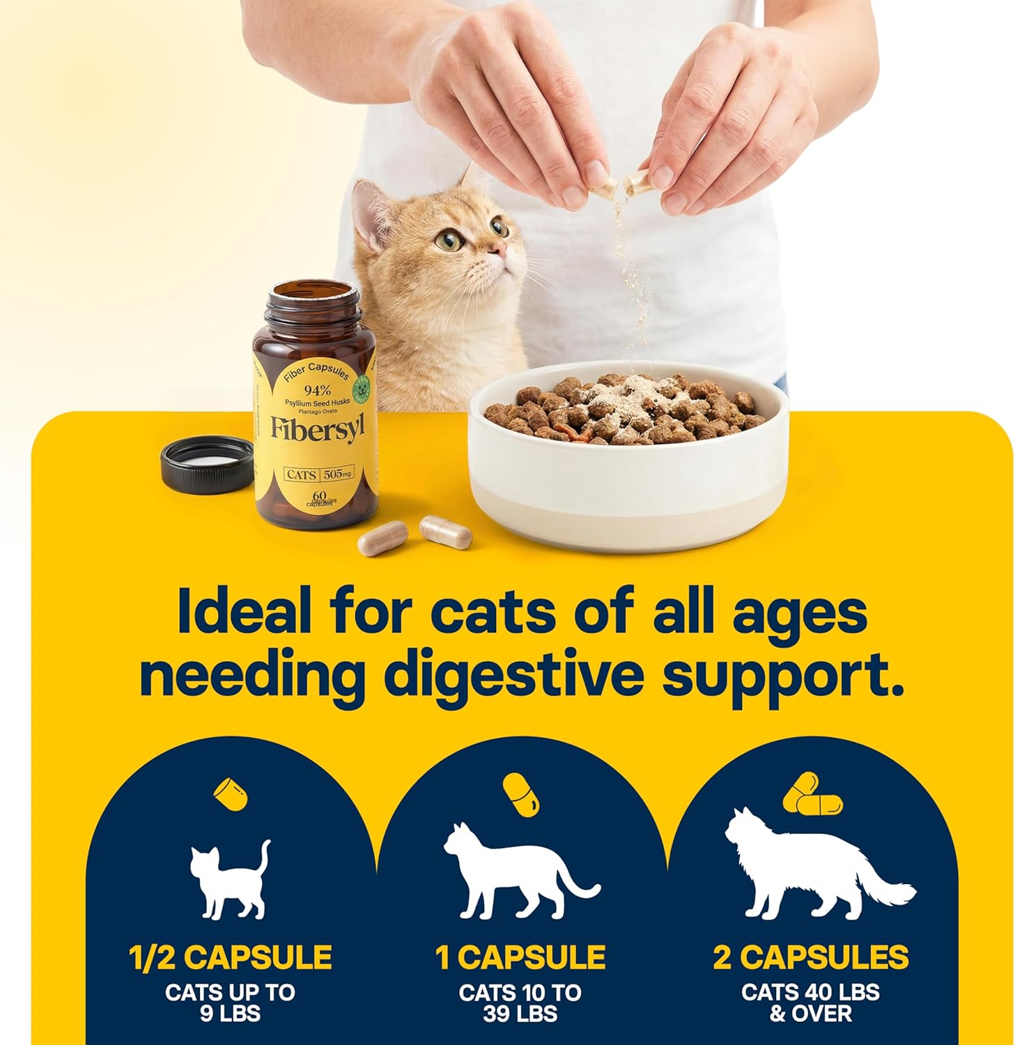 Medsmehappy FiberSyl cat stool hardener and constipation relief supplement bottle shown on a clean background.