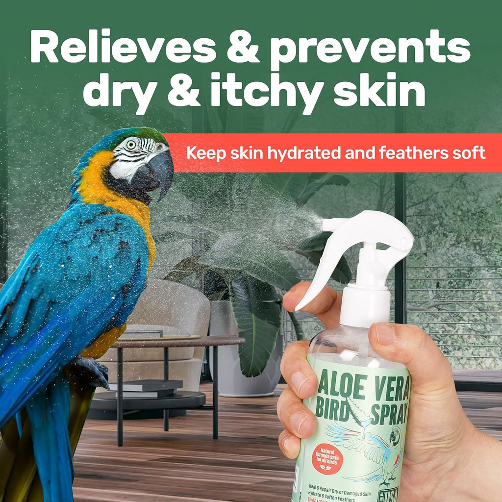 Close up of Samorillo bird grooming mist label highlighting natural aloe vera ingredients.