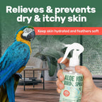 Close up of Samorillo bird grooming mist label highlighting natural aloe vera ingredients.