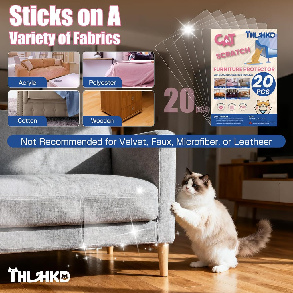Clear adhesive cat scratch protector sheets applied to sofa corner